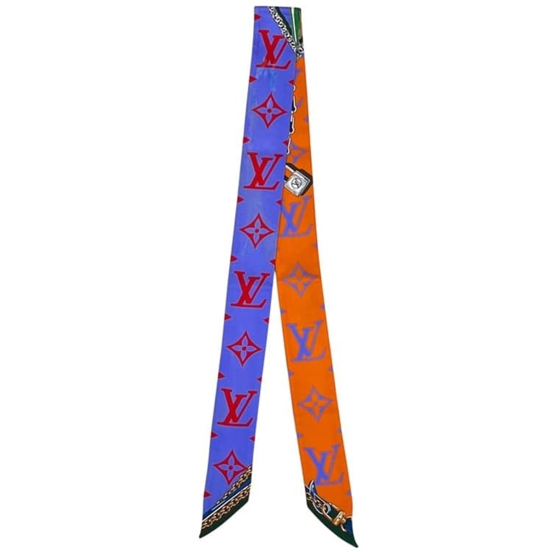Louis Vuitton Ribbon Scarf Muffler Bandeau BB Ultimate Blue Orange Red Monogram M76678 100% Silk: --- Catalog ---Category: SizeSize (LxW): 1.17m x 5cm / 46.06'' x 1.96''Category: DesignType: ScarfColor: Blue, Orange, Red colorGender: WomenMaterial: Silk 100%Category: GeneralLine: MonogramBrand: