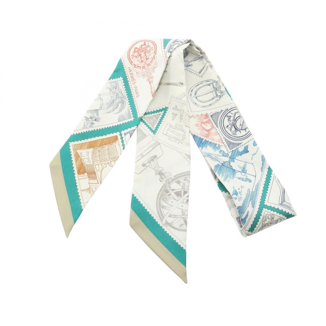 Hermes Twilly LE PHILATELISTE DU FAUBOURG Scarf/Muffler, Silk, Women's, White/Green/Multicolor: --- Catalog ---Category: SizeSize (LxW): 85cm x 5cm / 33.46'' x 1.96''Category: DesignType: ScarfColor: Green, Multi-color, WhiteGender: WomenMaterial: Silk Category: GeneralBrand: Hermes--- Item