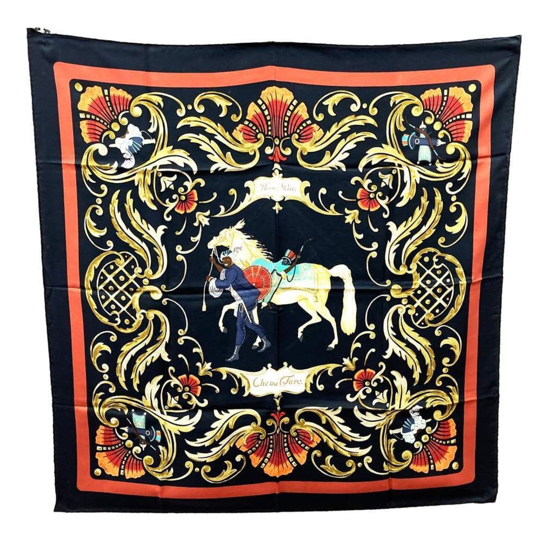 HERMES Carre 90 Scarf Muffler Cheval Turc (Turkish Horse) Black for Women: --- Catalog ---Category: SizeSize (LxW): 89cm x 89cm / 35.03'' x 35.03''Category: DesignType: ScarfColor: BlackGender: WomenMaterial: Silk Category: GeneralBrand: HermesCountry of Origin: France---