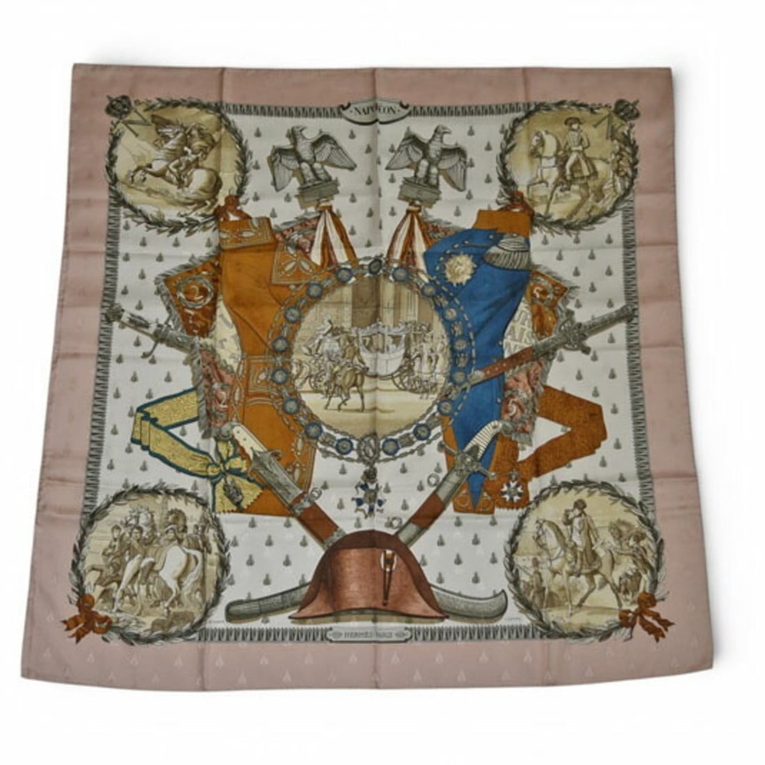 Hermes Carre 90 Scarf Muffler HERMES Napoleon/Bee Pink Beige/White Women's: --- Catalog ---Category: SizeSize (LxW): 88cm x 88cm / 34.64'' x 34.64''Category: DesignType: ScarfColor: Beige, Pink, WhiteGender: WomenMaterial: Silk Category: GeneralBrand: HermesCountry of Origin:
