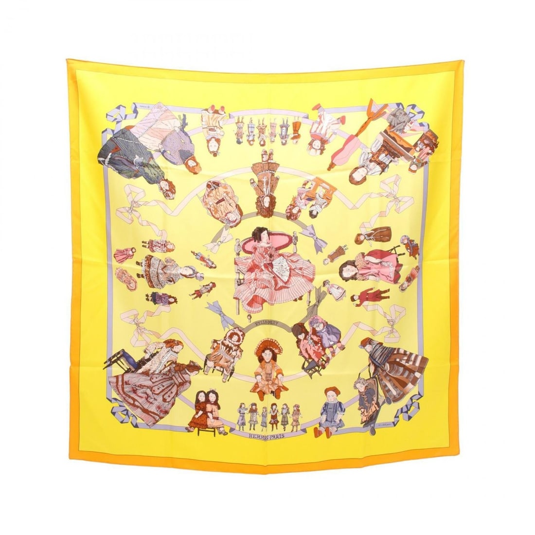 Hermes Carre 90 Hello Dolly Scarf/Muffler, Silk, Women's, Yellow/Multicolor: --- Catalog ---Category: SizeSize (LxW): 90cm x 90cm / 35.43'' x 35.43''Category: DesignType: ScarfColor: Multi-color, YellowGender: WomenMaterial: Silk Category: GeneralBrand: Hermes--- Item List ---