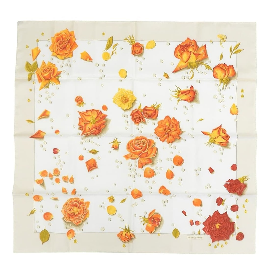 Hermes Carre 90 LA ROSEE (Rose Drop) Scarf/Muffler, Silk, Light Beige, Orange, Red: --- Catalog ---Category: SizeSize (LxW): 88cm x 88cm / 34.64'' x 34.64''Category: DesignType: ScarfColor: Light beige, Orange, Red colorGender: WomenMaterial: Silk Category: GeneralBrand: Hermes--- It