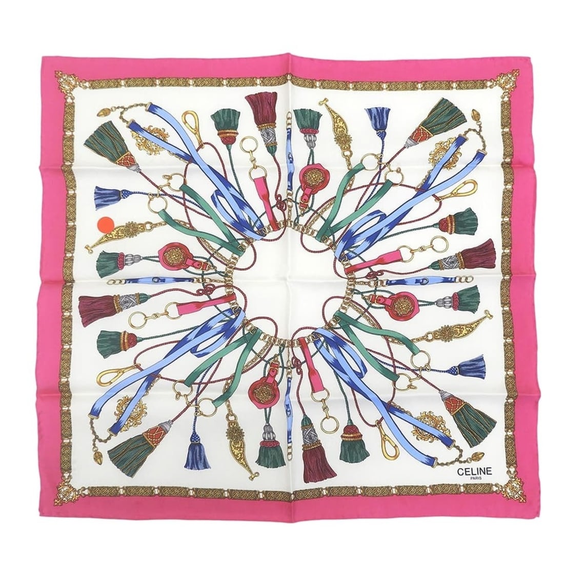 Celine CELINE Tassel Charm Scarf Muffler Silk Pink: --- Catalog ---Category: SizeSize (LxW): 41cm x 42cm / 16.14'' x 16.53''Category: DesignType: ScarfColor: PinkGender: WomenMaterial: Silk Category: GeneralBrand: Celine--- Item List ---Section: Condit
