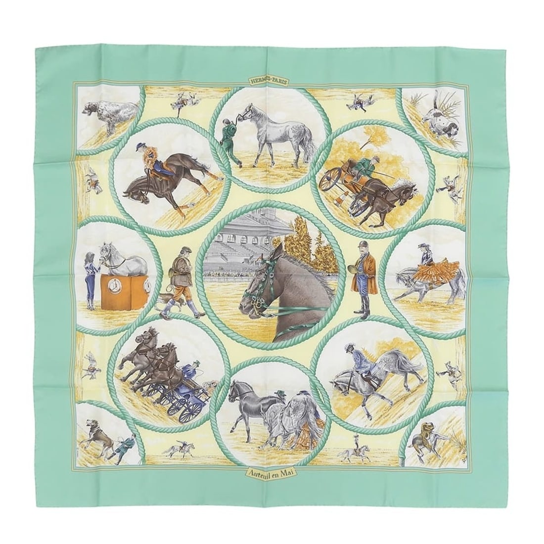 Hermes Carre 90 "May of Auteuil" Scarf/Muffler, Silk, Green: --- Catalog ---Category: SizeSize (LxW): 88cm x 88cm / 34.64'' x 34.64''Category: DesignType: ScarfColor: GreenGender: WomenMaterial: Silk Category: GeneralBrand: Hermes--- Item List ---Section: Condi