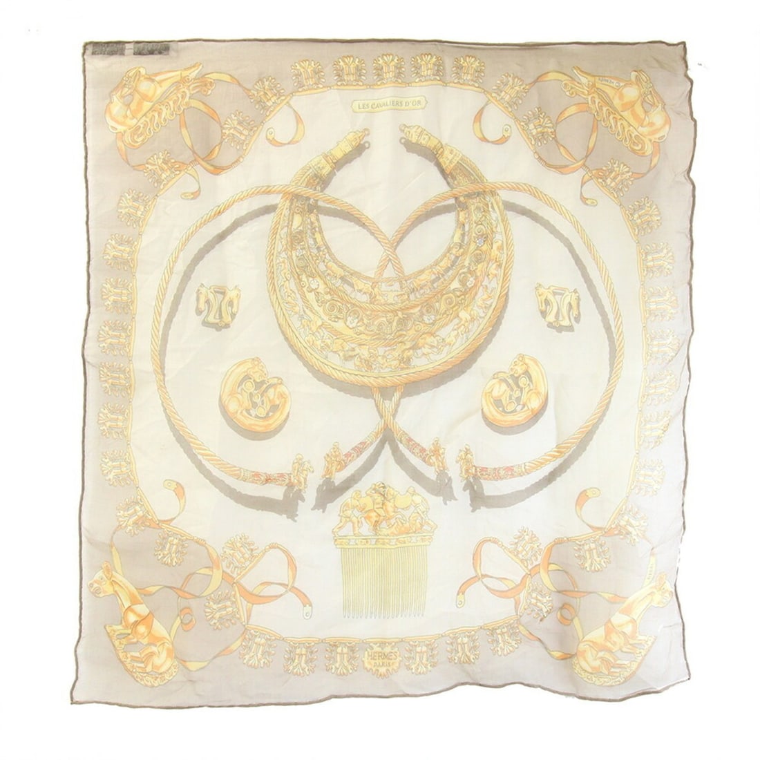 Hermes Scarf Muffler Carre 40 LES CAVALIERS D’OR (Golden Knights) Beige 100% Silk Petit Chiffon: --- Catalog ---Category: SizeSize (LxW): 40cm x 42cm / 15.74'' x 16.53''Category: DesignType: ScarfColor: BeigeGender: WomenMaterial: Silk Category: GeneralBrand: HermesCountry of Origin: France--- It