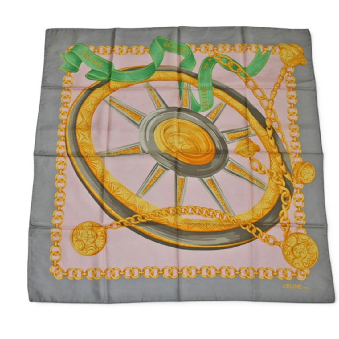 Celine scarf/muffler, CELINE carriage wheel design, silk, silver/pink, women's.: --- Catalog ---Category: SizeSize (LxW): 88cm x 88cm / 34.64'' x 34.64''Category: DesignType: ScarfColor: PinkShape: SquareGender: WomenCategory: GeneralBrand: CelineCountry of Origin: Italy--- Item L