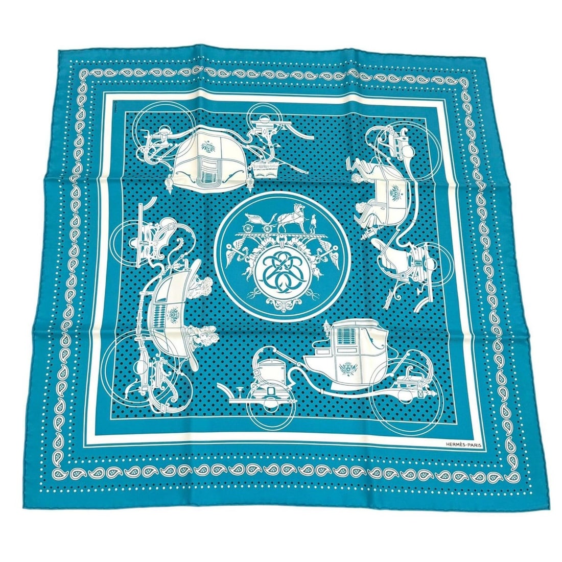 HERMES Carre 55 Ex-Libris 100% Silk Scarf/Muffler, Turquoise, Made in France, Women's, with Box: --- Catalog ---Category: SizeSize (LxW): 55.5cm x 55cm / 21.85'' x 21.65''Category: DesignType: ScarfColor: TurquoiseGender: WomenMaterial: Silk Category: GeneralBrand: HermesCountry of Origin: France