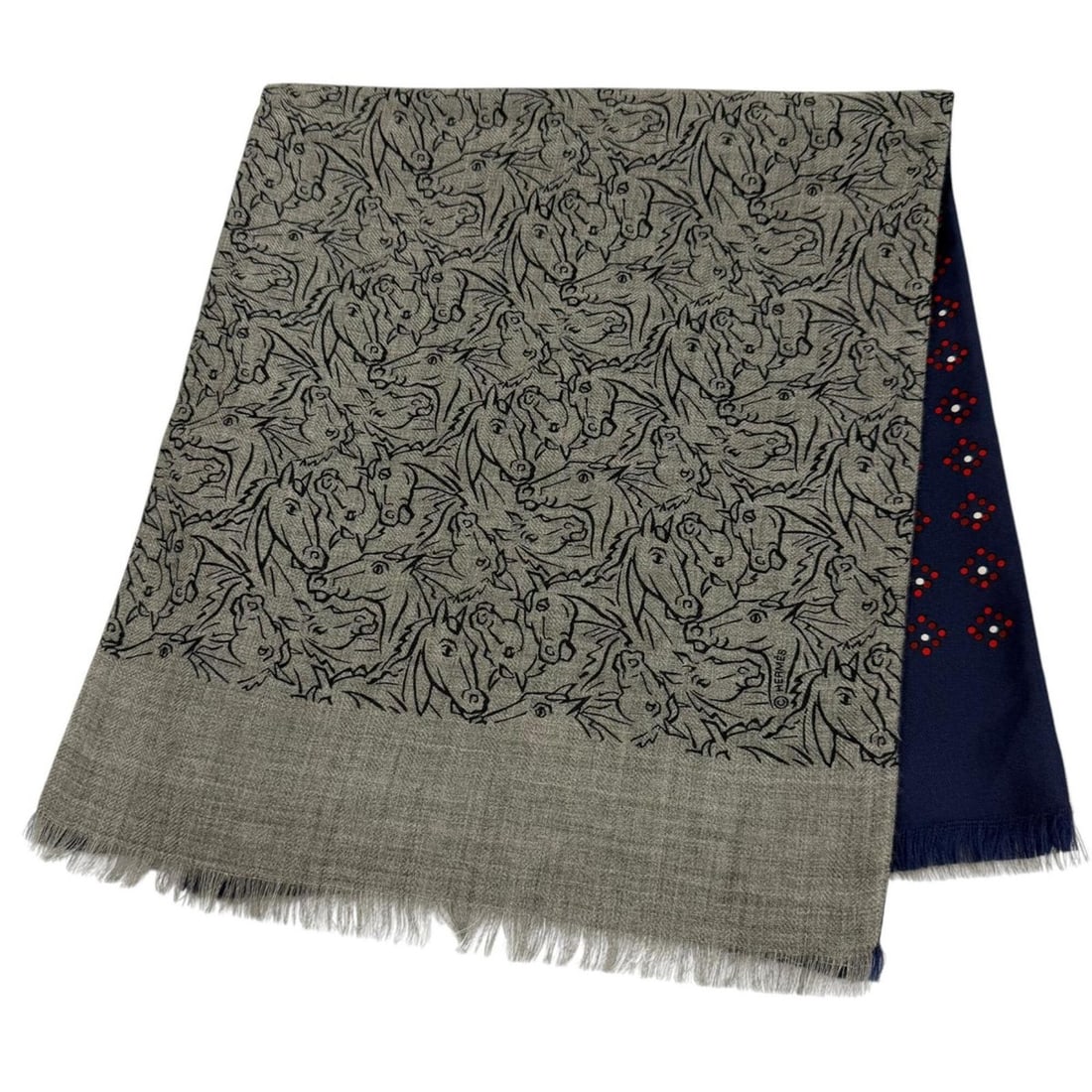 HERMES Cashmere Silk Tisse Reversible Horse Mix Fringe Stole Scarf, Gray/Navy, Made in France, Men's: --- Catalog ---Category: SizeSize (LxW): 1.13m x 26cm / 44.88'' x 10.23''Category: DesignType: StoleColor: Gray, NavyGender: MenMaterial: Cashmere , Silk Category: GeneralBrand: HermesCountry of Origi