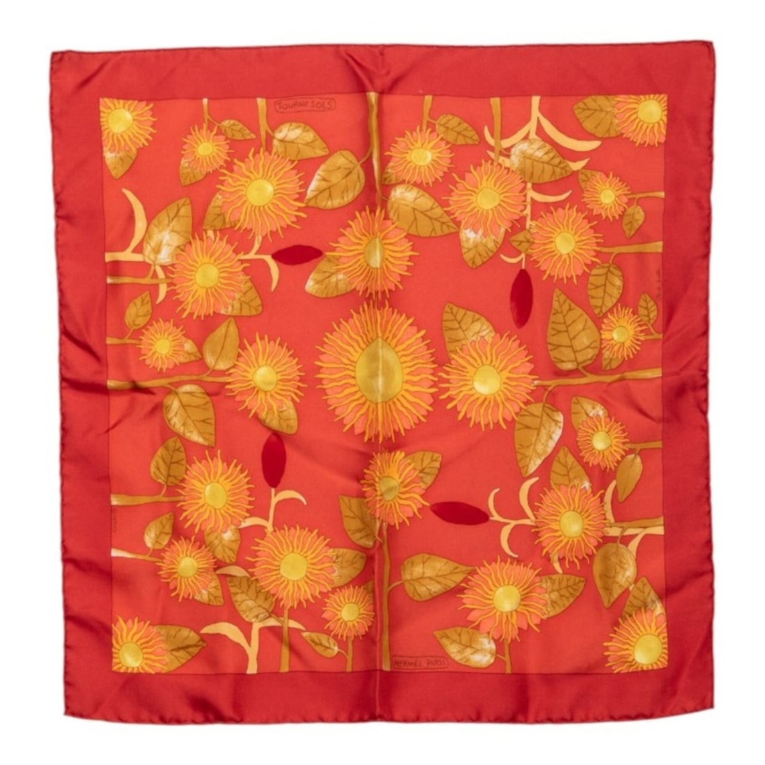 Hermes Carre 40 TOURNE SOLS Sunflower Scarf/Muffler, Orange/Yellow Silk, Women's: --- Catalog ---Category: SizeSize (LxW): 42cm x 41.5cm / 16.53'' x 16.33''Category: DesignType: ScarfColor: Orange, YellowGender: WomenMaterial: Silk Category: GeneralBrand: Hermes--- Item List ---Sec