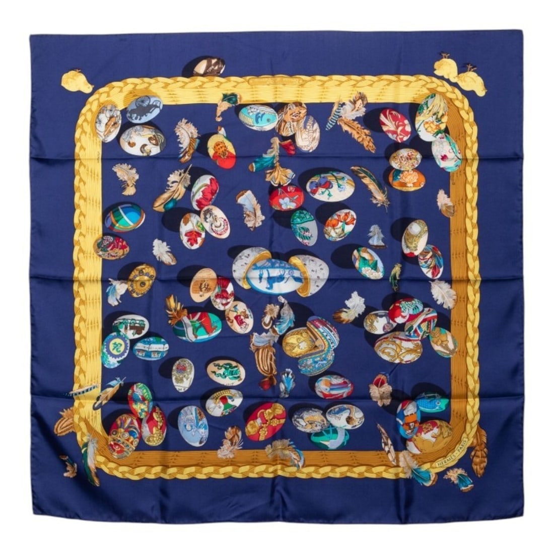 Hermes Carre 90 Couvee d’Hermes Egg Scarf/Muffler, Navy/Multicolor Silk, Women's: --- Catalog ---Category: SizeSize (LxW): 88cm x 89cm / 34.64'' x 35.03''Category: DesignType: ScarfColor: Multi-color, NavyGender: WomenMaterial: Silk Category: GeneralBrand: Hermes--- Item List ---Se