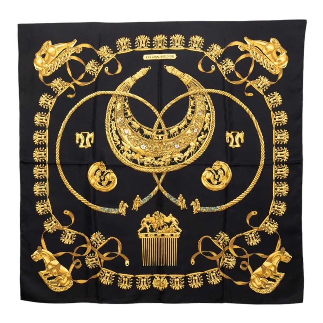 Hermes Carre 90 LES CAVALIERS D’OR (Golden Knights) Scarf/Muffler, Black and Gold, Silk, Women's. (1 of 8)