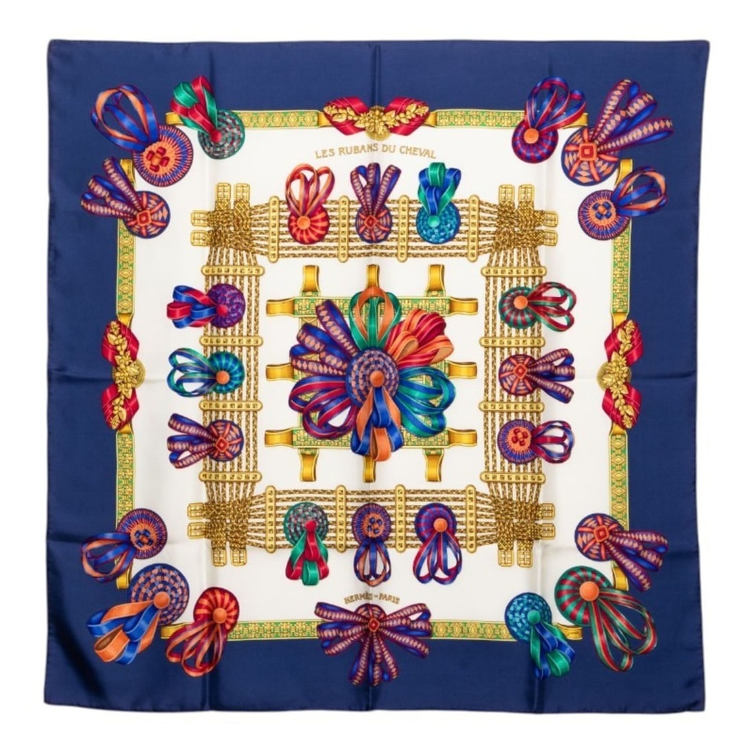 Hermes Carre 90 LES RUBANS DU CHEVAL Horse Ribbon Scarf Muffler Navy Multicolor Silk Women's HERMES: --- Catalog ---Category: SizeSize (LxW): 87cm x 87cm / 34.25'' x 34.25''Category: DesignType: ScarfColor: Multi-color, NavyGender: WomenMaterial: Silk Category: GeneralBrand: Hermes--- Item List ---Se