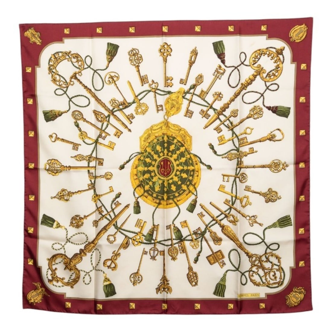Hermes Carre 90 LES CLES THE KEYS RARE Key Scarf Muffler Ivory Wine Red Silk Women's HERMES: --- Catalog ---Category: SizeSize (LxW): 87cm x 87.5cm / 34.25'' x 34.44''Category: DesignType: ScarfColor: Ivory, Red colorGender: WomenMaterial: Silk Category: GeneralBrand: Hermes--- Item List ---S