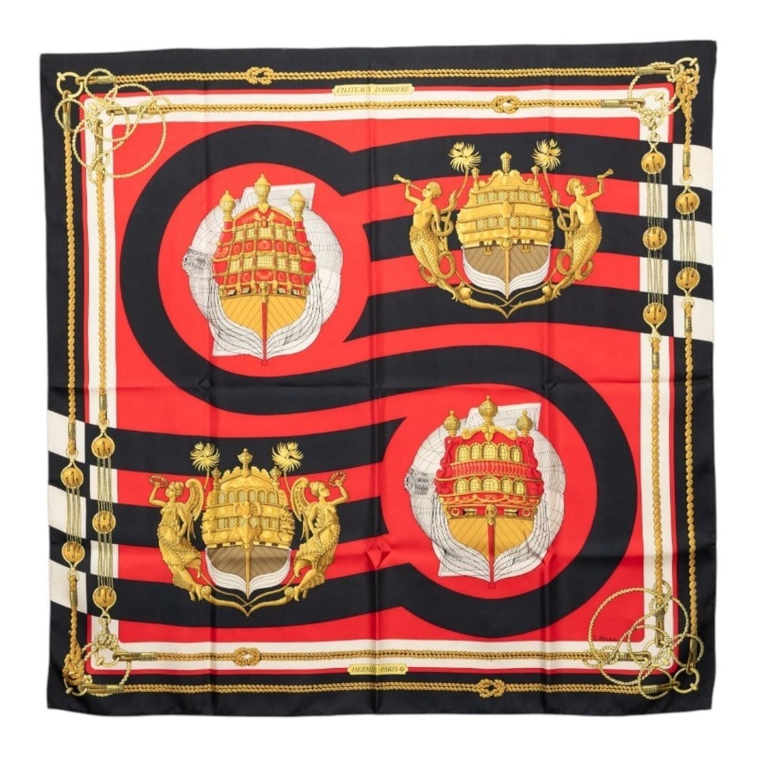 Hermes Carre 90 Chateau de Arriere Scarf/Muffler, Red/Black, Silk, Women's.: --- Catalog ---Category: SizeSize (LxW): 87cm x 87.5cm / 34.25'' x 34.44''Category: DesignType: ScarfColor: Black, Red colorGender: WomenMaterial: Silk Category: GeneralBrand: Hermes--- Item List ---S