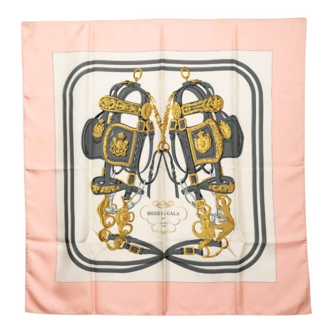 Hermes Carre 90 Brides de Gala Ceremonial Bridle Scarf/Muffler, Large Size, Pink Multicolor Silk,: --- Catalog ---Category: SizeSize (LxW): 90cm x 89cm / 35.43'' x 35.03''Category: DesignType: ScarfColor: Multi-color, PinkGender: WomenMaterial: Silk Category: GeneralBrand: Hermes--- Item List ---Se