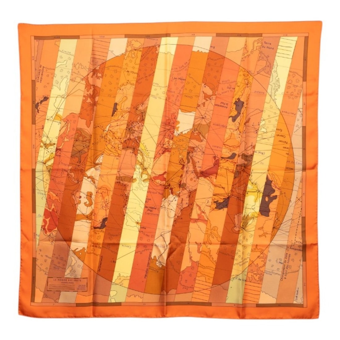 Hermes Carre 90 LE MONDE EST VASTE World Map Scarf Muffler Orange Silk Women's HERMES: --- Catalog ---Category: SizeSize (LxW): 86cm x 88cm / 33.85'' x 34.64''Category: DesignType: ScarfColor: OrangeGender: WomenMaterial: Silk Category: GeneralBrand: Hermes--- Item List ---Section: Cond