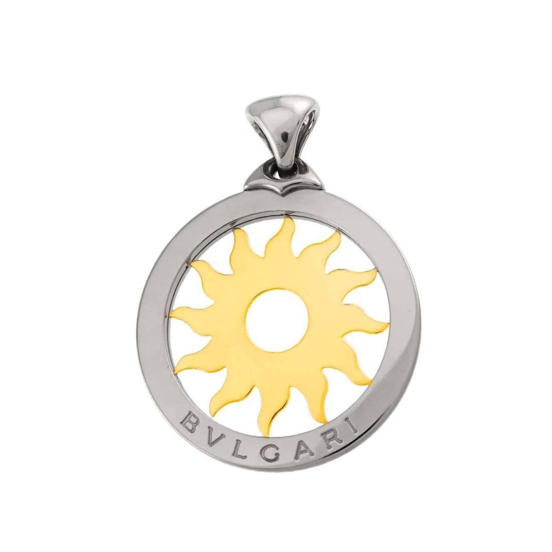 Bulgari BVLGARI Tondo Sun Pendant Top 18K Yellow Gold 750 Stainless Steel: --- Catalog ---Category: SizePendant Size: 59.7mm x 43.4mm / 2.35'' x 1.7''Category: DesignGender: Men,WomenMaterial: Stainless steel, Yellow gold (18K)Necklace Type: PendantCategory: GeneralBrand: Bv