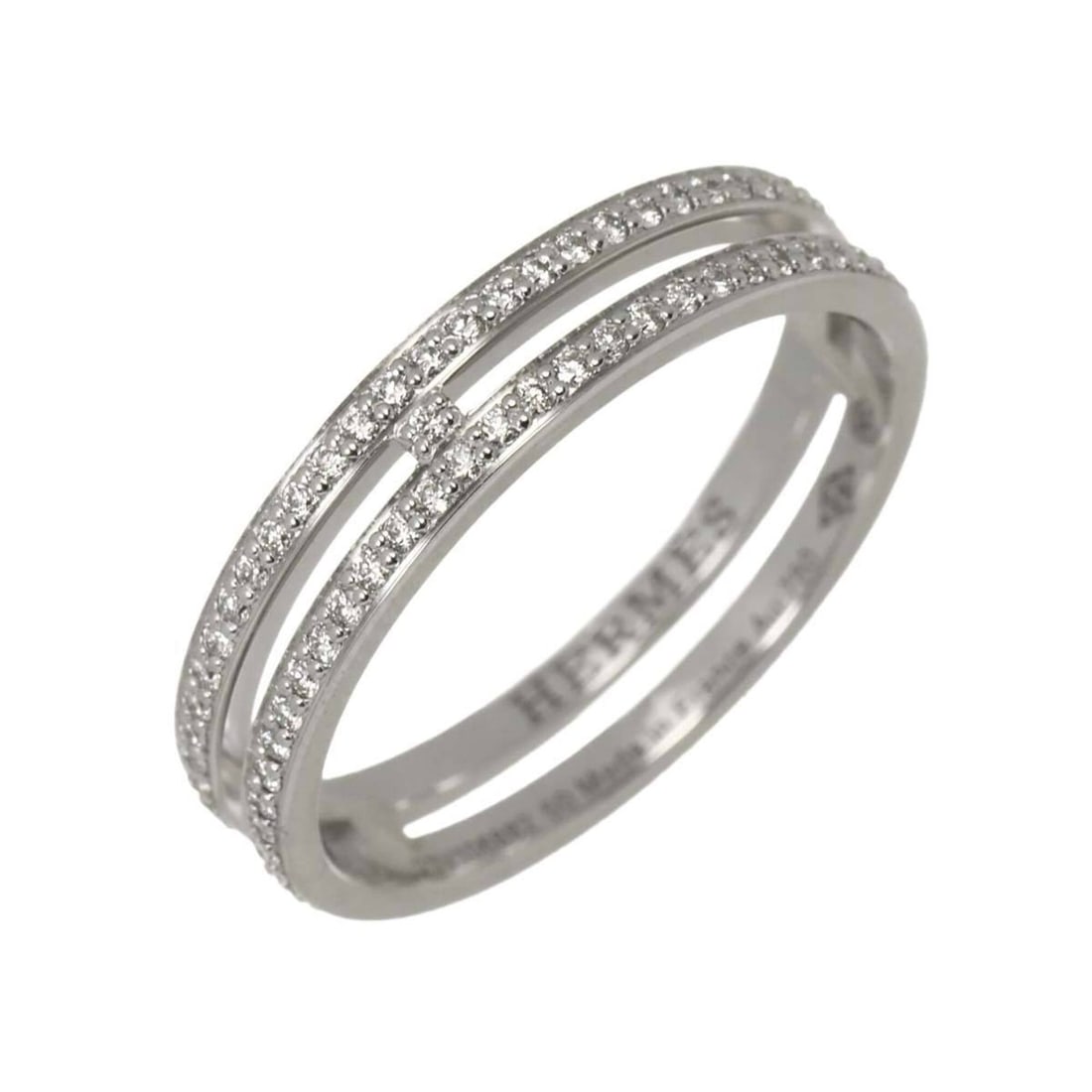Hermes Alianne PM #50 Ring, Full Diamond, 18K White Gold (750): --- Catalog ---Category: SizeUS Size: 5.5Brand Size: 50Category: DesignType: Band ringGender: WomenMaterial: White gold (18K)Category: GeneralBrand: Hermes--- Item List ---Section: ConditionRanking: R