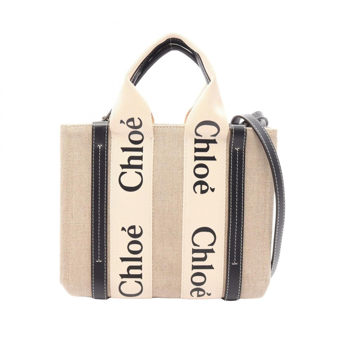 Chloé Chloe Woody Small 2-Way Handbag, Canvas and Leather, Women's, Beige/Black (1 of 14)