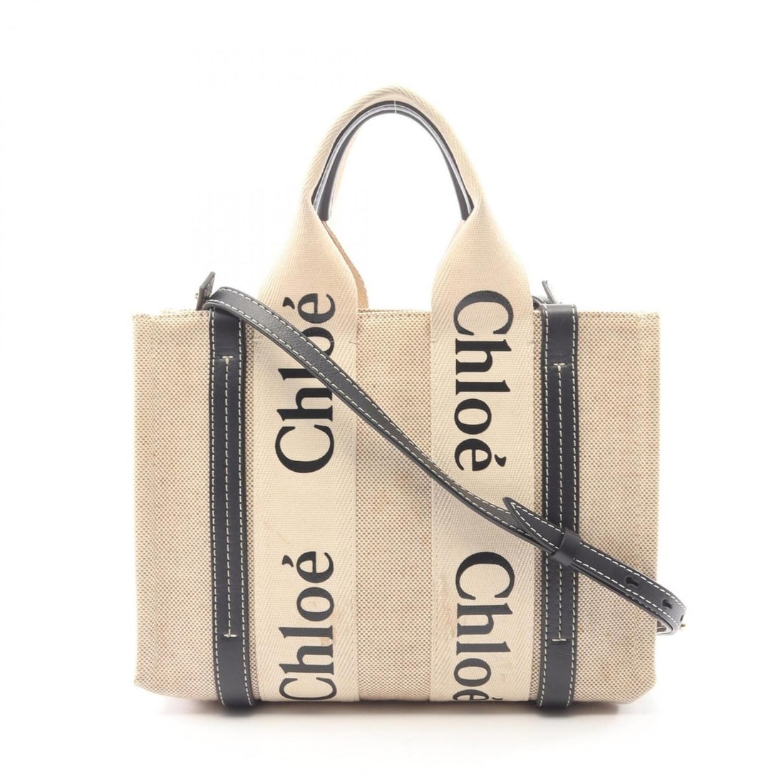 Chloé Chloe Woody Small 2-Way Tote Bag/Handbag, Canvas and Leather, Women's, Beige/Black,: --- Catalog ---Category: SizeSize (HxWxD): 20cm x 26cm x 8cm / 7.87'' x 10.23'' x 3.14''Category: DesignType: Handbag, Tote bagColor: Beige, BlackGender: WomenMaterial: Canvas , Leather Category: Gene
