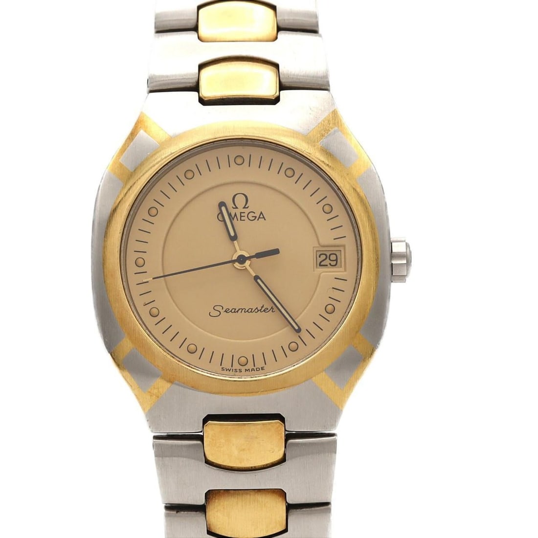 Omega Seamaster Polaris Two-Tone Stainless Steel x Yellow Gold Quartz Watch: --- Catalog ---Category: SizeWrist Size: 19cm / 7.48''Case Diameter: 31mm / 1.22''Category: DesignType: WristwatchGender: MenColor (Dial): GoldMaterial (Band): Stainless steel, Yellow goldMaterial (Ca