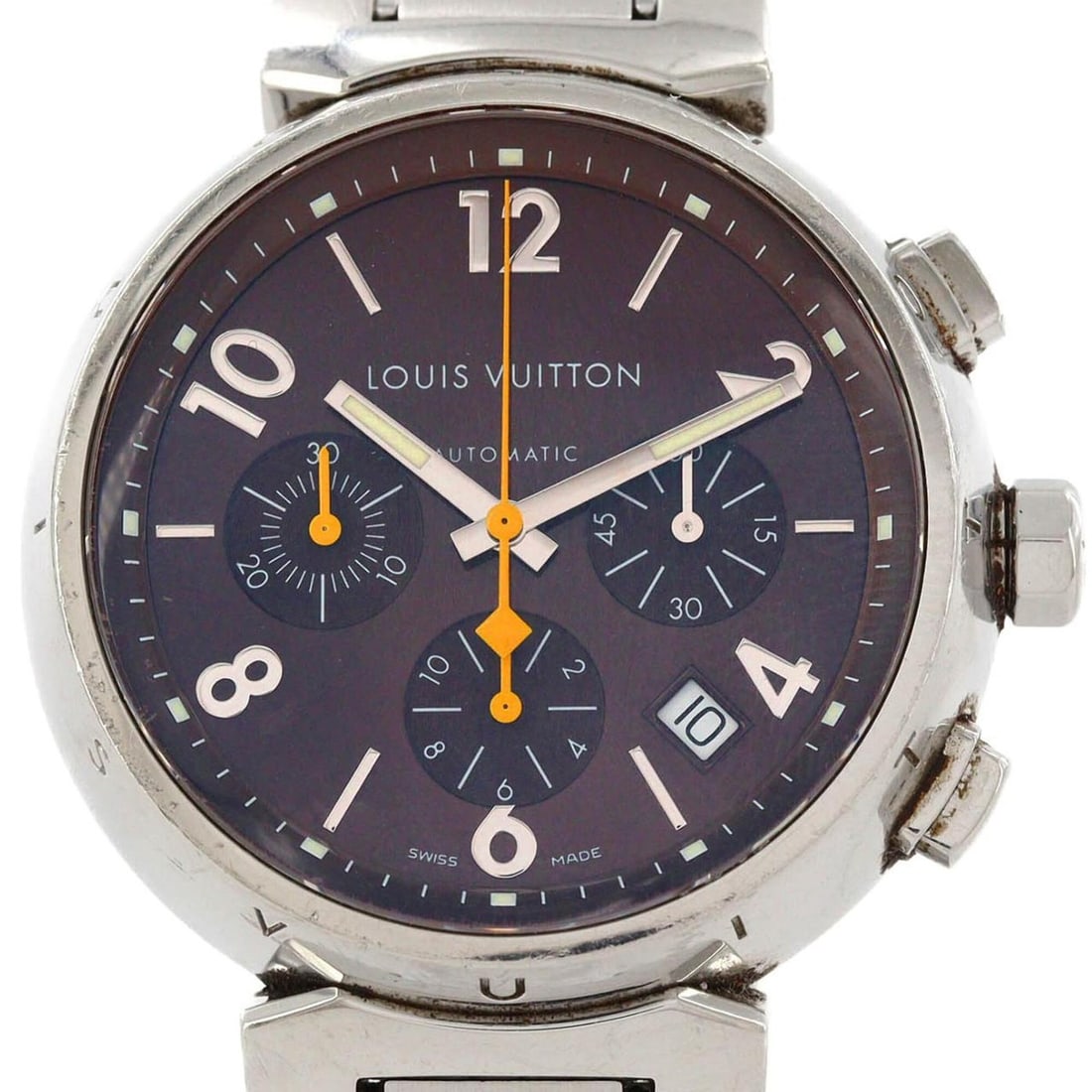 Louis Vuitton Tambour Chronograph Q1121 SS Automatic Watch: --- Catalog ---Category: SizeWrist Size: 16cm / 6.29''Case Diameter: 41.5mm / 1.63''Category: DesignType: WristwatchGender: MenColor (Dial): BrownMaterial (Band): Stainless steelMaterial (Case): Stain