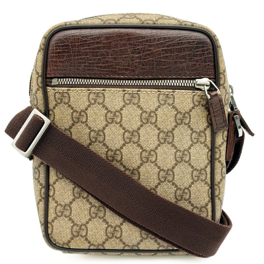 Gucci GG Supreme Shoulder Bag (101680) - PVC Leather, Beige/Dark Brown Pouch: --- Catalog ---Category: SizeSize (HxWxD): 19cm x 16cm x 5.5cm / 7.48'' x 6.29'' x 2.16''Strap Length: 133cm / 52.36''Category: DesignType: Shoulder bagColor: Beige, Dark brownGender: WomenClosure: Zi