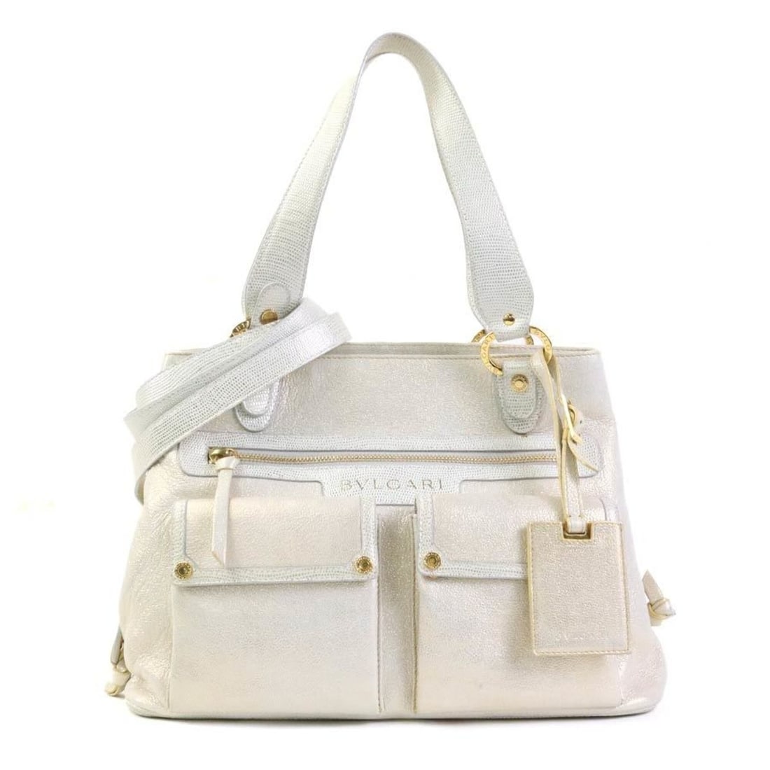 Bulgari BVLGARI Handbag Shoulder Bag Leather Metallic White Women's r11399c (1 of 17)