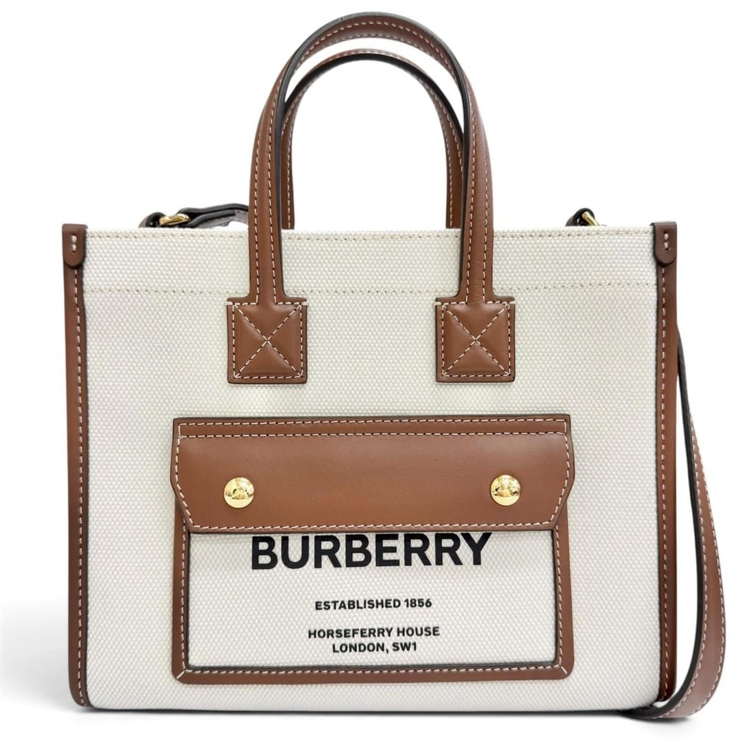 BURBERRY 8044143 Mini Freya Tote Cotton Linen Canvas Leather 2-Way Shoulder Bag Beige Tan Made in (1 of 17)