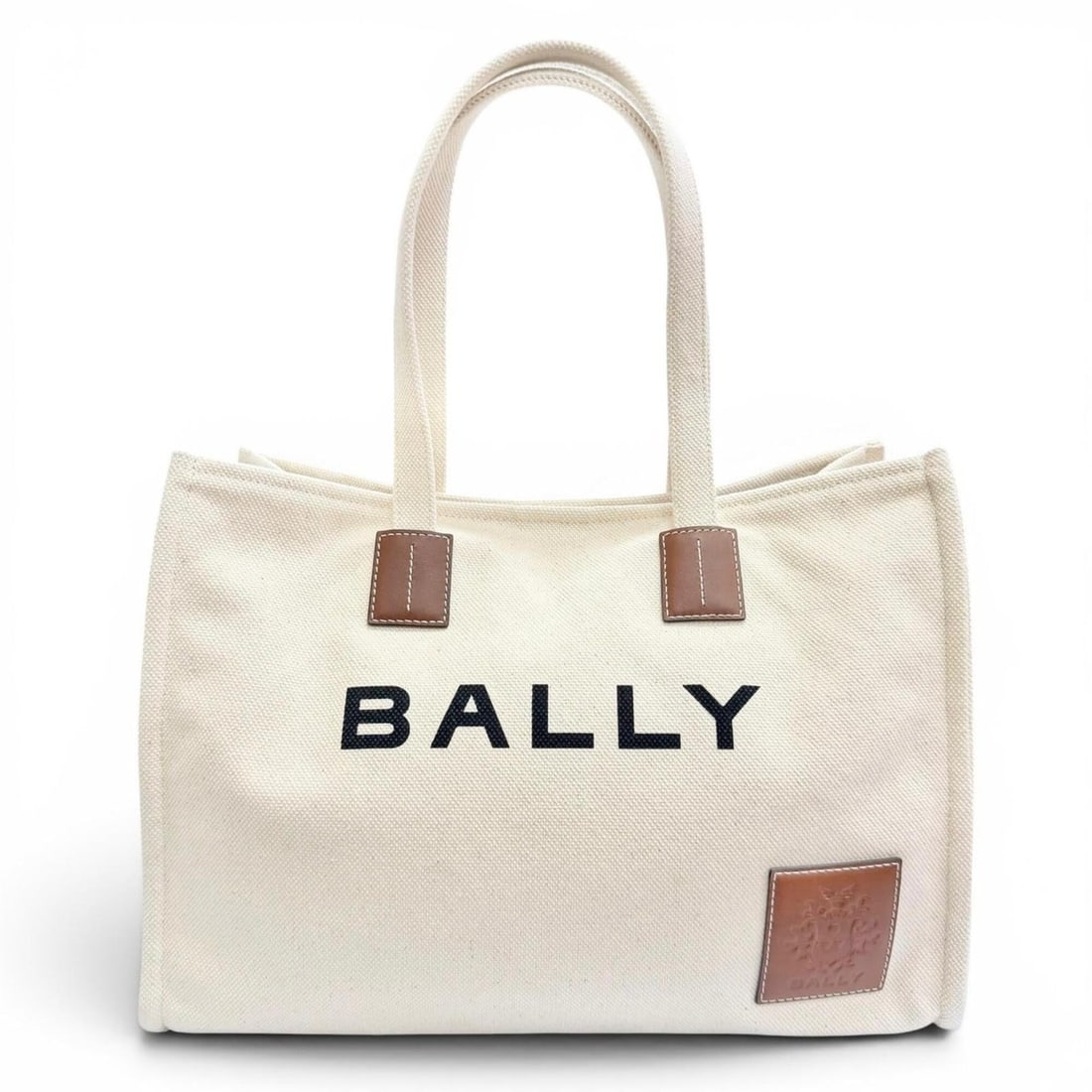 BALLY AKELEI Logo Leather Patch Canvas Large Tote Bag, Shoulder Bag Compatible, Ivory/Brown, Women's (1 of 12)