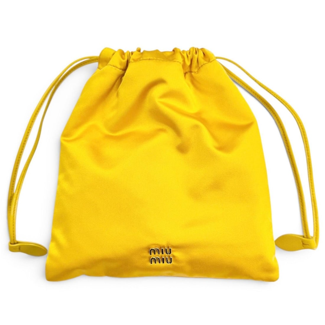 MIUMIU 5NG010 Duchess Drawstring Pouch, Satin Silk with Leather Accents, Logo Hardware, Mini Bag,: --- Catalog ---Category: SizeSize (HxWxD): 20cm x 18.3cm / 7.87'' x 7.2''Category: DesignType: PouchColor: YellowGender: WomenMaterial: Silk Hardware Color: GoldCategory: GeneralMPN: 5NG010Brand: Miu 