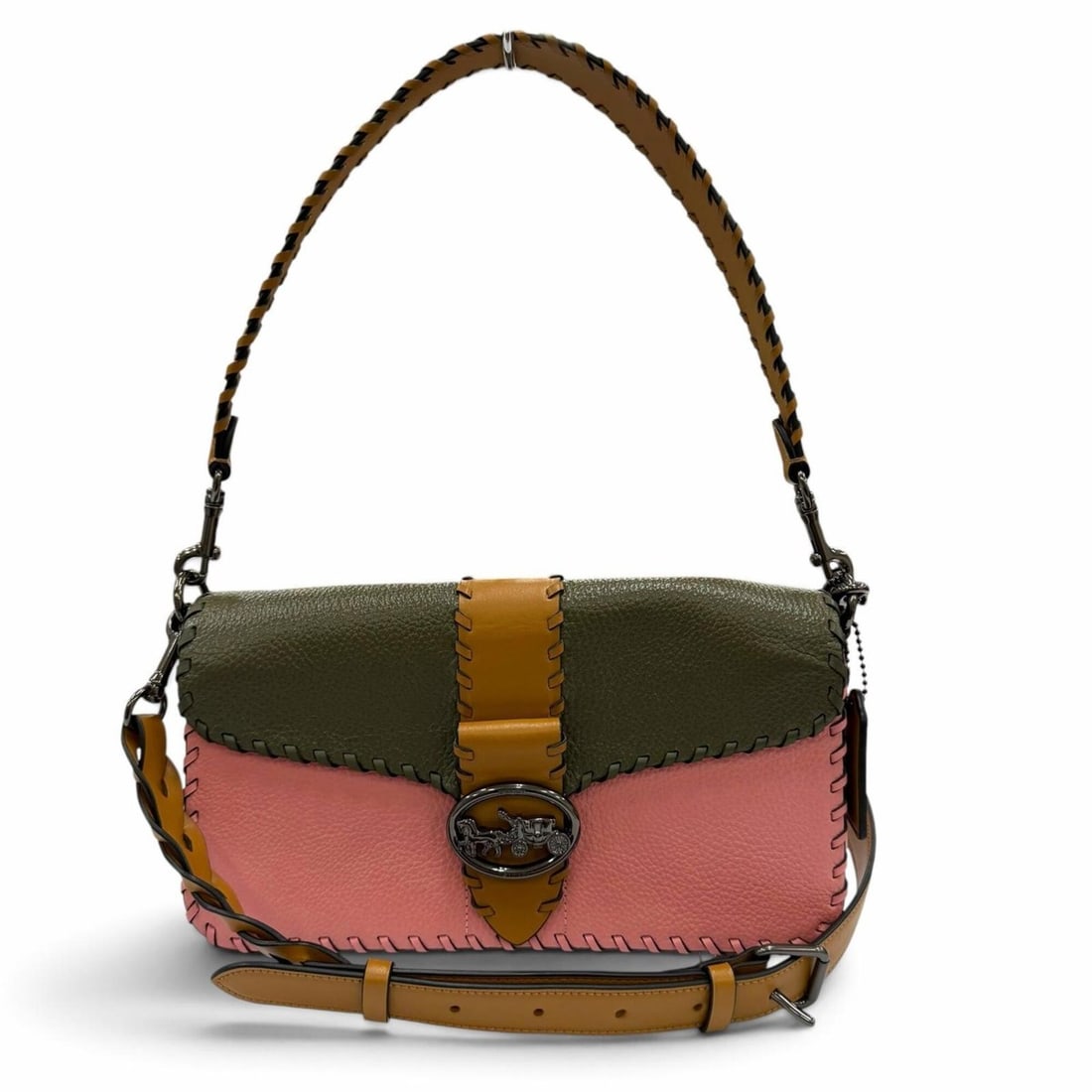 COACH C4106 Georgie 2-Way Leather Saddle Bag Handbag Shoulder Pink Khaki Brown Women's: --- Catalog ---Category: SizeSize (HxWxD): 15cm x 26.5cm x 6.5cm / 5.9'' x 10.43'' x 2.55''Category: DesignType: Handbag, Saddle bag, Shoulder bagColor: Brown, Khaki, PinkGender: WomenMaterial: Leathe