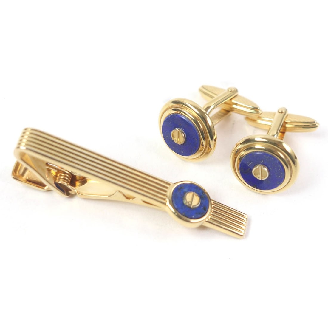 Dunhill Lapis Lazuli Tie Clip and Cufflinks Set (2 pieces) - Gold Blue with Case Men's: --- Catalog ---Category: SizeSize (HxWxD): 20.00mm x 14.00mm / 0.79'' x 0.55''Category: DesignType: CufflinksColor: Blue, GoldStone: Lapis lazuliGender: MenCategory: GeneralBrand: Dunhill--- Item List