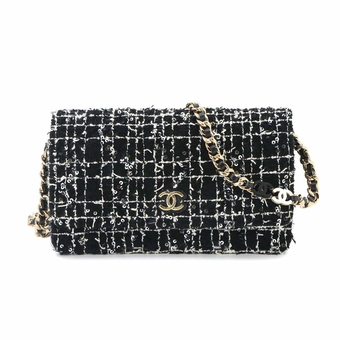 Chanel Matelassé Chain Wallet, Long Tweed Leather, Sequins, Black, Gold Hardware: --- Catalog ---Category: SizeSize (HxWxD): 11cm x 19cm x 6.5cm / 4.33'' x 7.48'' x 2.55''Category: DesignType: Chain/Shoulder walletColor: Black, WhiteGender: WomenMaterial: Tweed , Leather Category: 