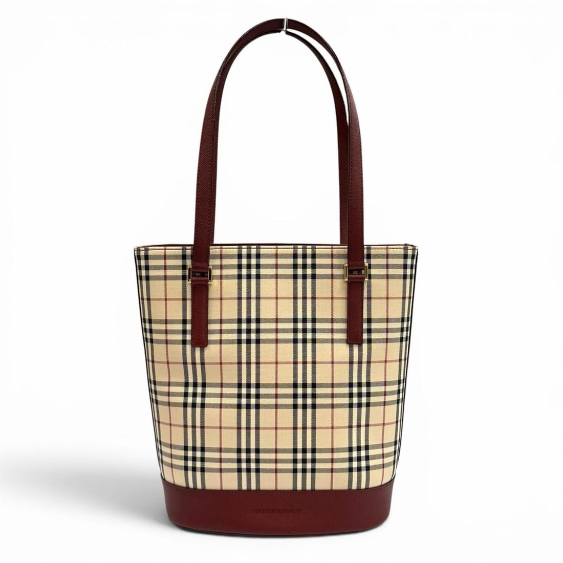 BURBERRY Vintage Logo Nova Check Pattern Leather Tote Bag in Beige and Bordeaux - Women's Comes with: --- Catalog ---Category: SizeSize (HxWxD): 26.5cm x 27cm x 11.5cm / 10.43'' x 10.62'' x 4.52''Category: DesignType: Tote bagColor: Beige, BordeauxGender: WomenMaterial: Leather Category: GeneralBrand:
