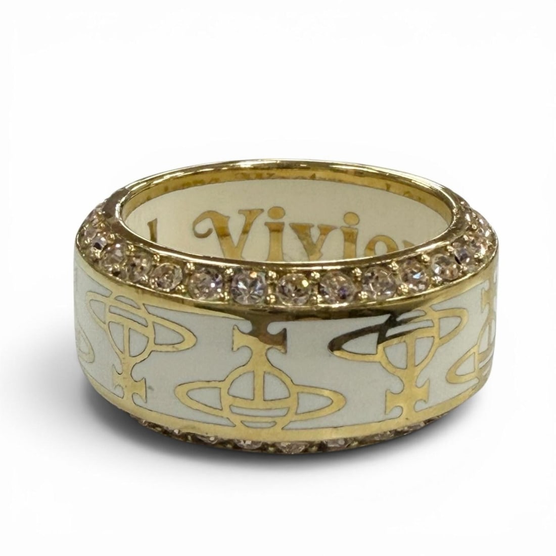 Vivienne Westwood Rhinestone Orb Ring, White Gold, Men's/Women's, Comes with Box: --- Catalog ---Category: SizeJP Size: 19US Size: 9.5Category: DesignType: Band ringColor: Gold, WhiteGender: Men,WomenMaterial: RhinestoneCategory: GeneralBrand: Vivienne Westwood--- Item List ---Sect