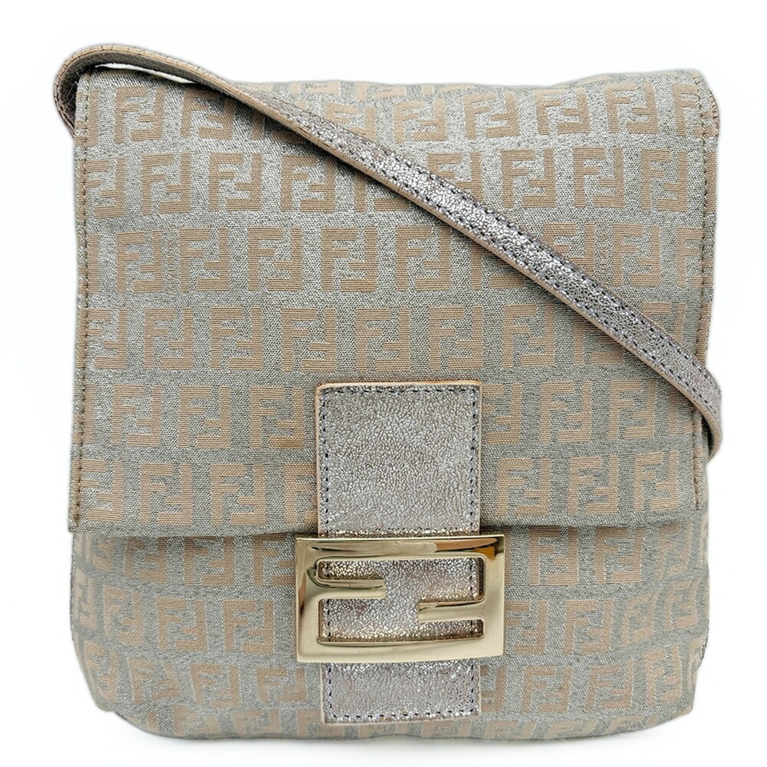 Fendi Zucchino Shoulder Bag, Canvas and Leather, Beige Silver Pouch: --- Catalog ---Category: SizeSize (HxWxD): 23cm x 22cm x 3cm / 9.05'' x 8.66'' x 1.18''Strap Length: 126cm / 49.6''Category: DesignType: Pochette, Shoulder bagColor: Beige, SilverGender: WomenMaterial