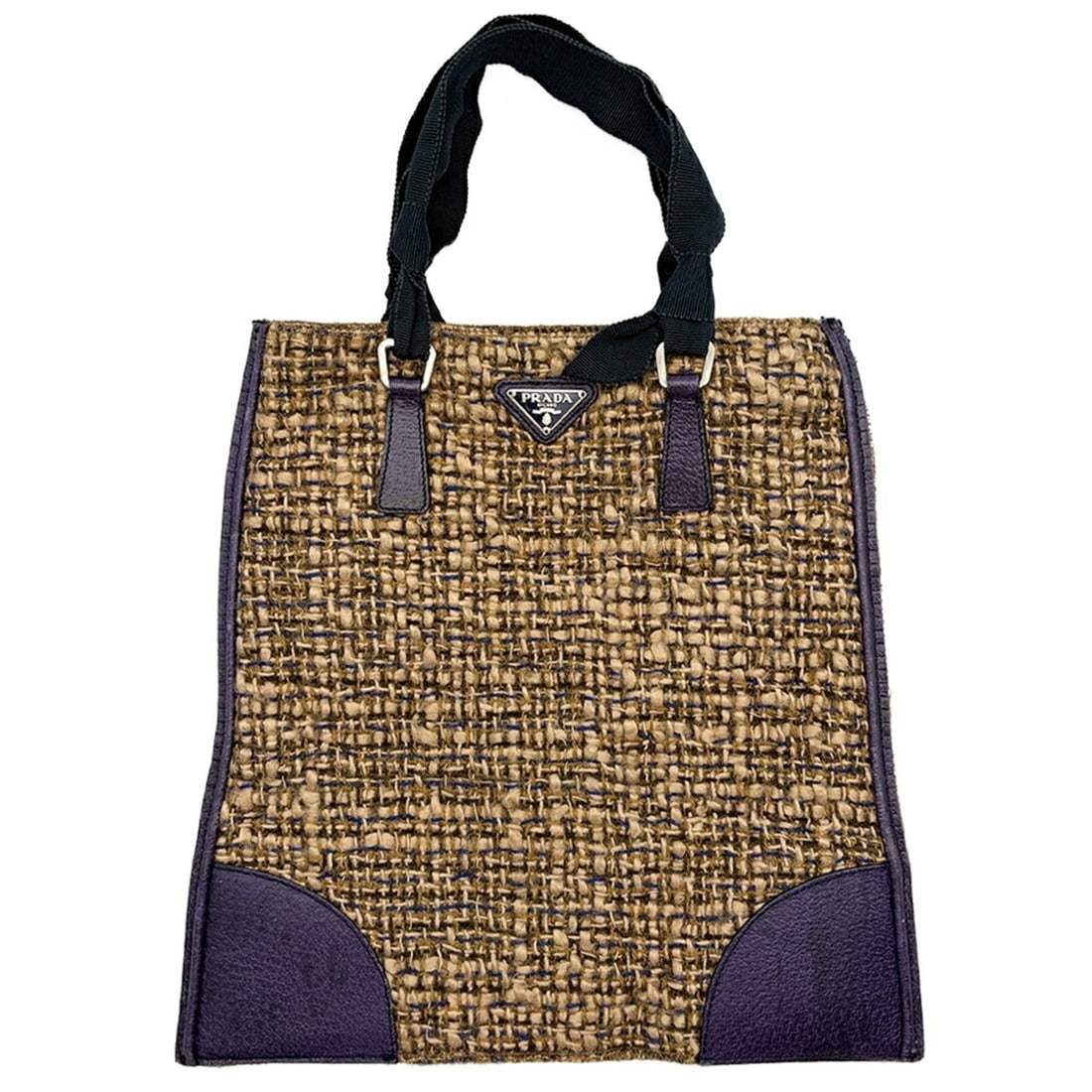 Prada tote bag, tweed, wool, leather, brown, purple, ribbon handle, triangular shape.: --- Catalog ---Category: SizeHandle Drop: 11.00cm / 4.33''Size (HxWxD): 28cm x 23cm x 1cm / 11.02'' x 9.05'' x 0.39''Category: DesignType: Tote bagColor: Brown, PurpleGender: WomenClosure: ZipperMater