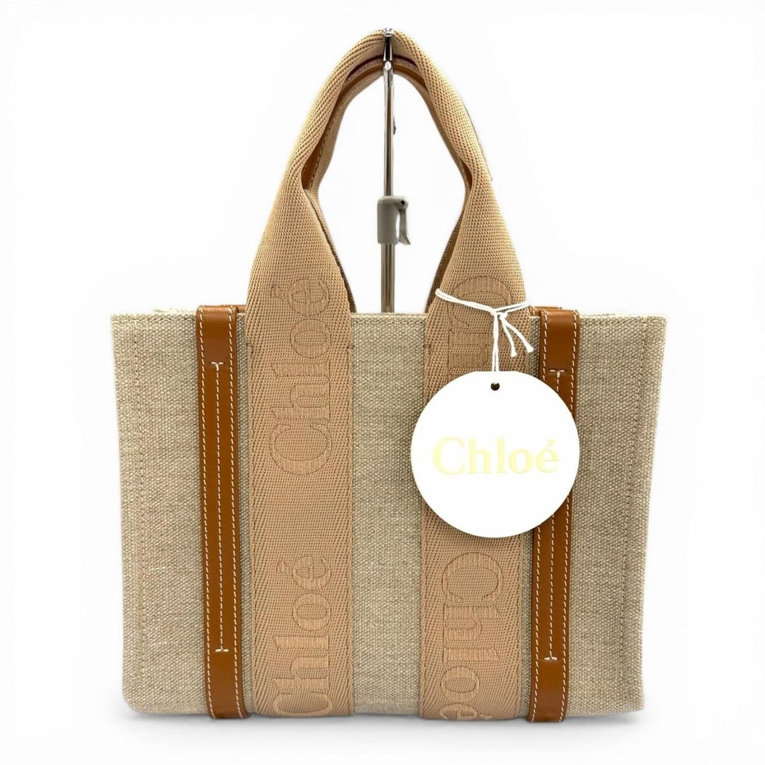 Chloé Chloe CHC23AS397L17 Woody Small Tote Bag, Leather & Linen, 2-Way Handbag, Beige, with Dust (1 of 14)