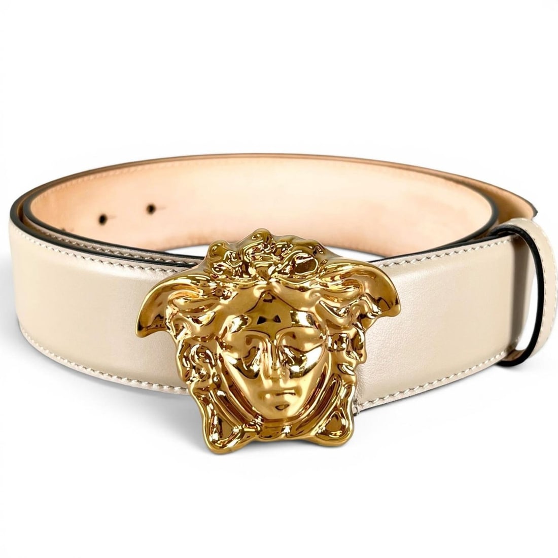 VERSACE Leather Belt with Medusa Buckle, Ivory Gold Hardware, Size 90 (36), Made in Italy, Men's: --- Catalog ---Category: SizeLength: 83cm - 93cm / 32.67'' - 36.61''Category: DesignType: Standard beltColor: IvoryGender: MenMaterial (Strap): Leather Category: GeneralBrand: VersaceCountry of Origin