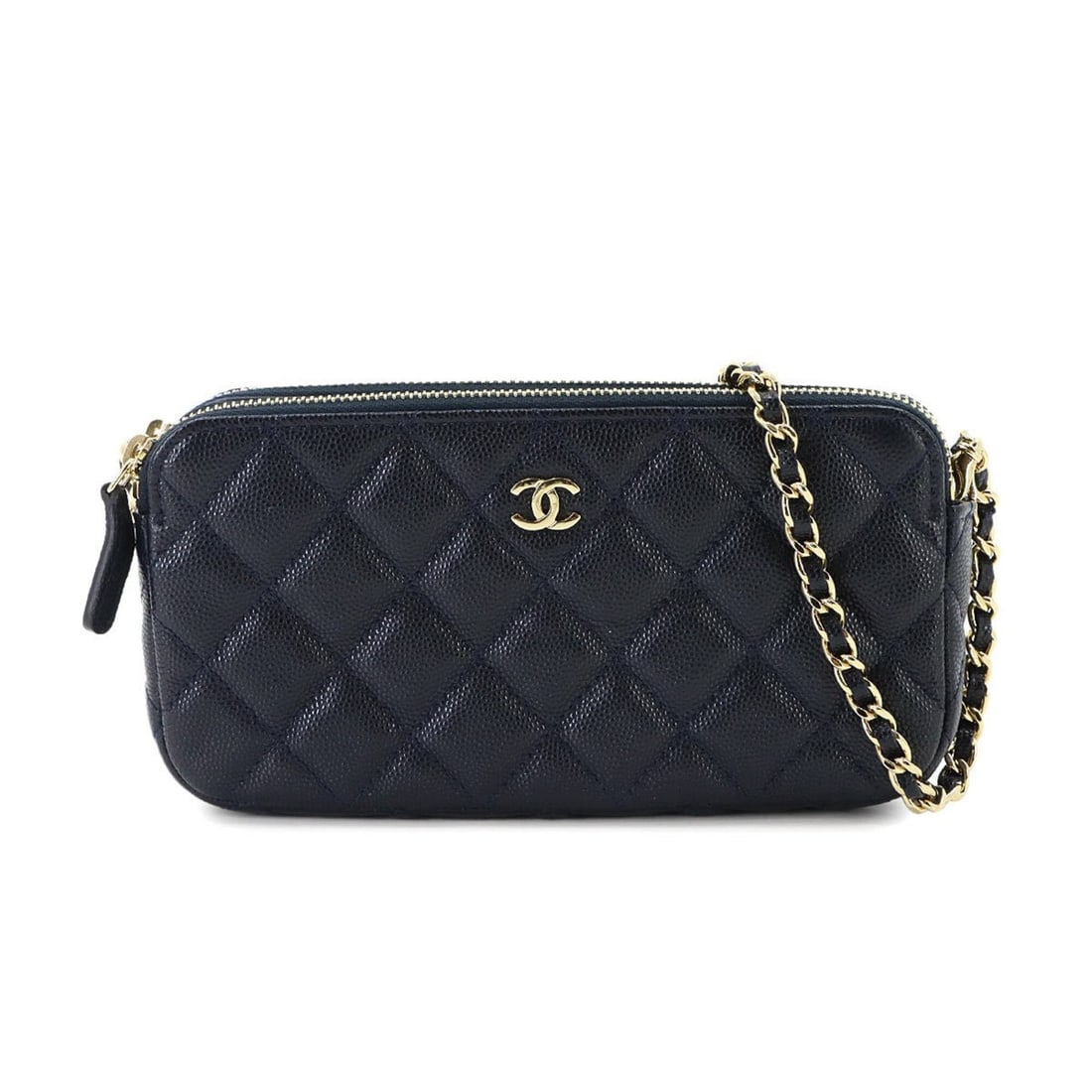Chanel Matelasse Double Chain Wallet, Long Caviar Leather, Navy, A82527: --- Catalog ---Category: SizeSize (HxWxD): 9cm x 18cm x 3cm / 3.54'' x 7.08'' x 1.18''Category: DesignType: Chain/Shoulder walletColor: NavyGender: WomenMaterial: Grained Calfskin Category: GeneralLin