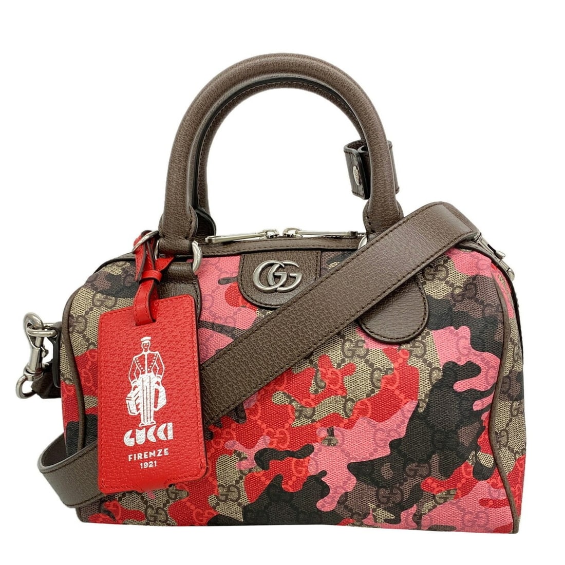 Gucci GG Camouflage Handbag 854860 Brown Red Pink 2-way Bag for Women: --- Catalog ---Category: SizeSize (HxWxD): 16cm x 25cm x 13.5cm / 6.29'' x 9.84'' x 5.31''Category: DesignType: HandbagColor: Brown, Pink, Red colorGender: WomenMaterial: PVC Hardware Color: SilverCat