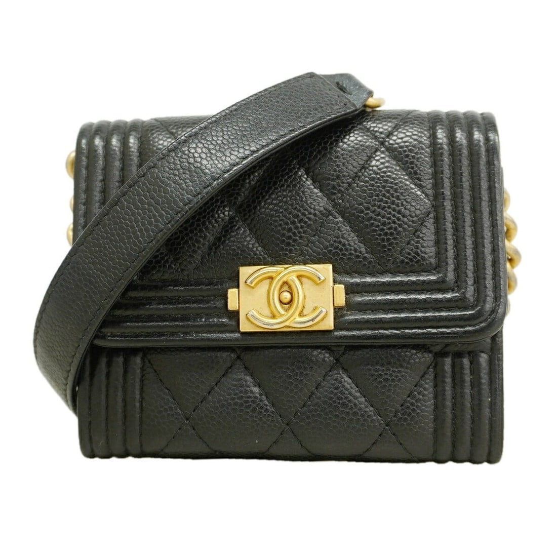Chanel Wallet/Shoulder Wallet Boy Chain Shoulder Caviar Leather Black Women's: --- Catalog ---Category: SizeSize (HxWxD): 9.5cm x 11cm x 2.5cm / 3.74'' x 4.33'' x 0.98''Category: DesignType: Chain/Shoulder walletColor: BlackGender: WomenMaterial: Grained Calfskin Category: Gener