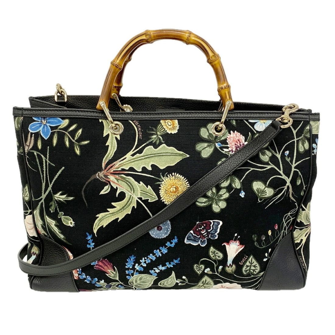 Gucci GG Blooms Bamboo Tote Bag 323658 Canvas Black Multicolor Champagne 2-way bag for women: --- Catalog ---Category: SizeSize (HxWxD): 30.5cm x 41.5cm x 17cm / 12'' x 16.33'' x 6.69''Category: DesignType: Tote bagColor: Black, Multi-colorGender: WomenMaterial: Canvas Hardware Color: Champagn