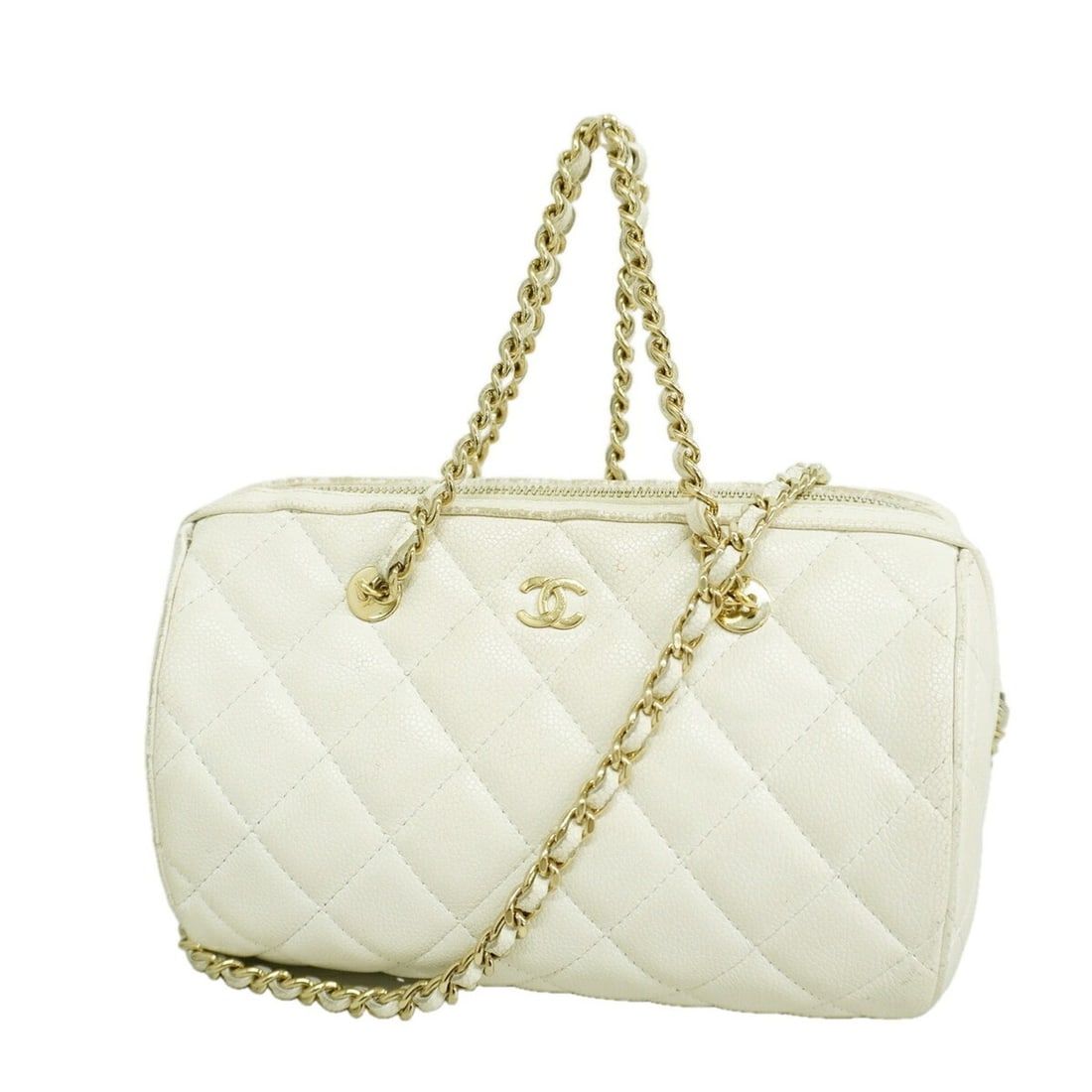 Chanel Matelassé Chain Shoulder Bag, Caviar Leather, White/Champagne, 2-way Bag for Women: --- Catalog ---Category: SizeSize (HxWxD): 11cm x 18.5cm x 11cm / 4.33'' x 7.28'' x 4.33''Category: DesignType: Shoulder bagColor: WhiteGender: WomenMaterial: Grained Calfskin Hardware Color: Champagn