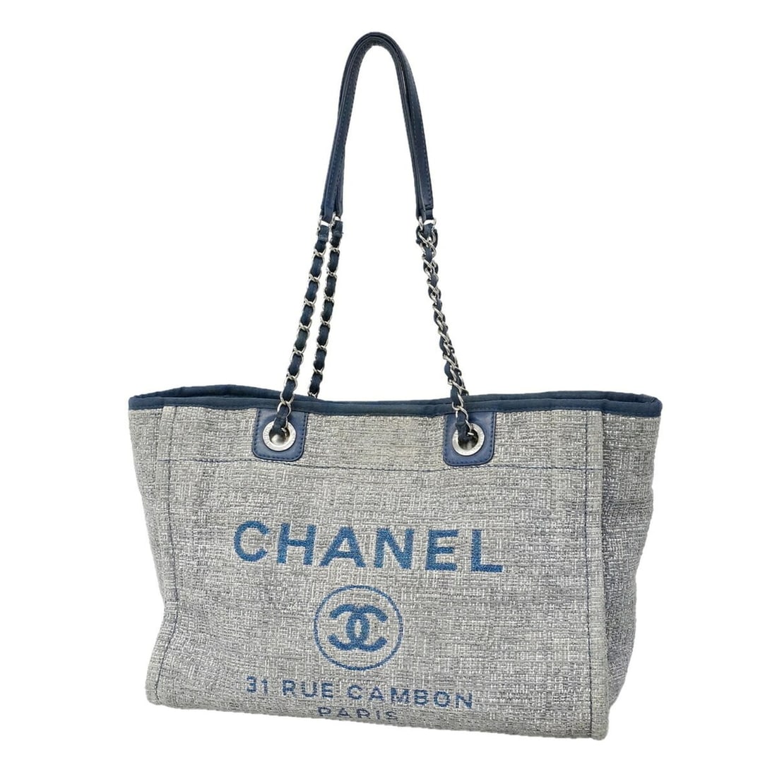 Chanel Deauville Tweed Chain Tote Bag, Navy, Women's, OP024713: --- Catalog ---Category: SizeSize (HxWxD): 30cm x 35cm x 14cm / 11.81'' x 13.77'' x 5.51''Category: DesignType: Tote bagColor: NavyGender: WomenMaterial: Tweed Hardware Color: SilverCategory: GeneralB