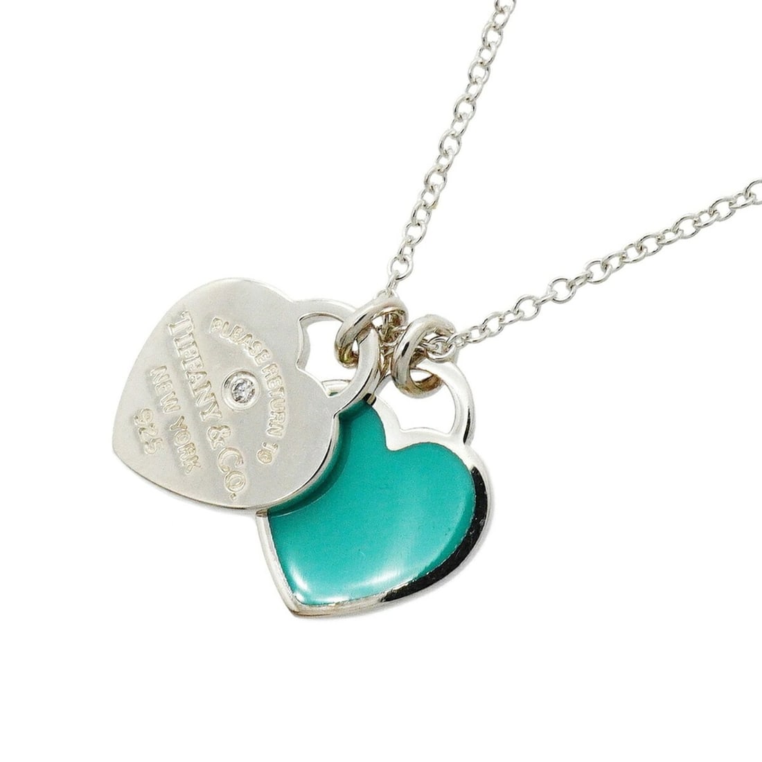 Tiffany & Co. Double Return to Heart Necklace, 1PD (One Diamond), Sterling Silver 925, Blue, Women's: --- Catalog ---Category: SizePendant Size: 13.5mm x 13.4mm / 0.53'' x 0.52''Neck Circumference: 40.5 cm - 45.5 cm / 15.94'' - 17.91''Category: DesignColor: BlueStone: DiamondGender: WomenMaterial: Sil