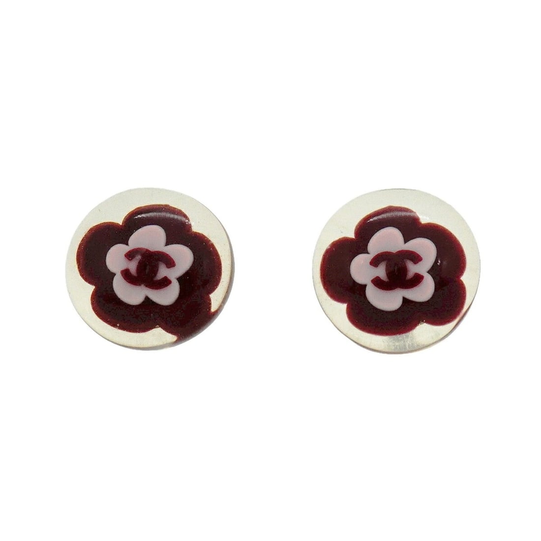 Chanel earrings, Coco Mark, camellia, metal, silver, pink, wine red, women's.: --- Catalog ---Category: SizeSize (HxWxD): 12.30mm x 12.60mm / 0.48'' x 0.50''Category: DesignType: Stud earringsColor: Pink, SilverGender: WomenMaterial: MetalCategory: GeneralBrand: Chanel--- Item L