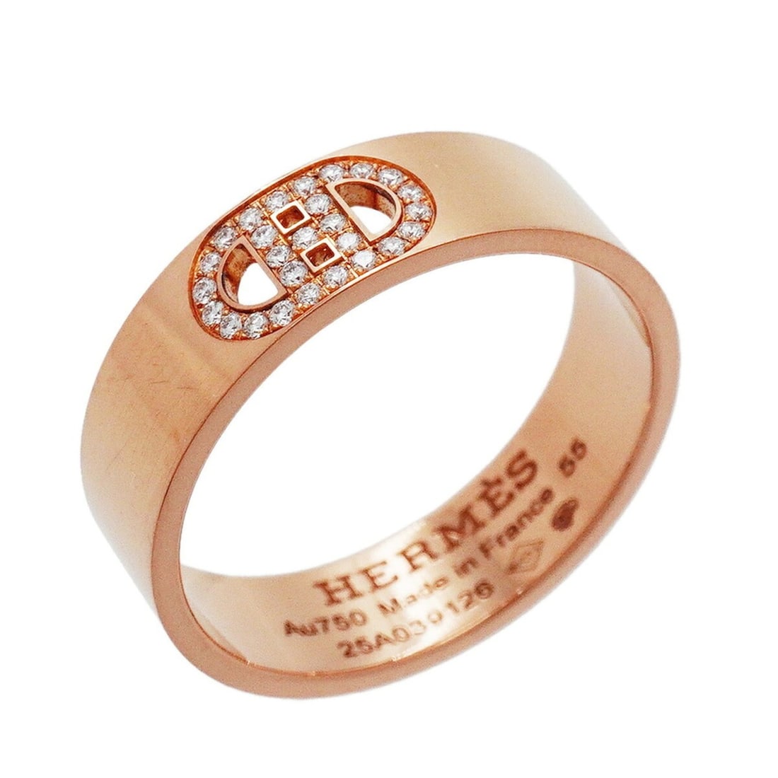 Hermes H d'Ancre Ring, 18KPG Pink Gold, Diamond, Size #55, Men's/Women's: --- Catalog ---Category: SizeUS Size: 7.5Brand Size: 55Category: DesignType: Band ringStone: DiamondGender: Men,WomenMaterial: Pink gold (18K)Category: GeneralBrand: Hermes--- Item List ---Section: Co