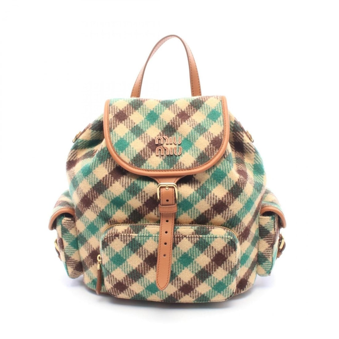 Miu Miu Miu Check Backpack/Handbag, Wool Leather, Women's, Beige/Green/Multicolor: --- Catalog ---Category: SizeSize (HxWxD): 32cm x 25.5cm x 15cm / 12.59'' x 10.03'' x 5.9''Category: DesignType: Backpack, HandbagColor: Beige, Green, Multi-colorGender: WomenMaterial: Wool , Leather 